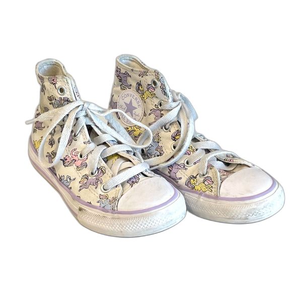 Girl's White Chuck Taylor Converse High Tops with Pastel Colored Unicorns Size 1 - Picture 4 of 14